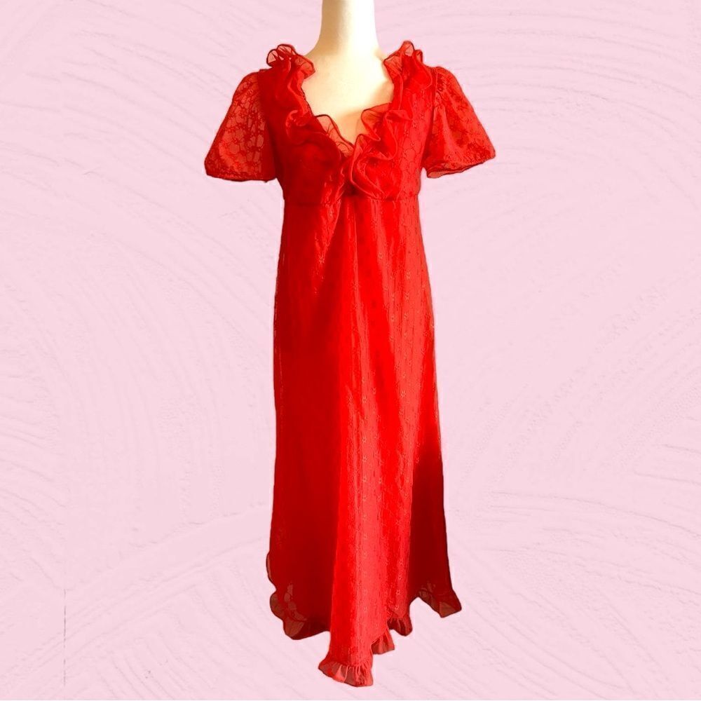 Vintage 60s bright red ruffled maxi gown